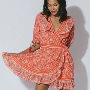 Cleobella Blair Red Printed Puff Sleeve Mini Dress